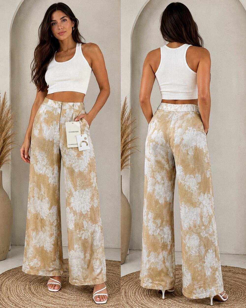 COMMENSE Floral Wide Leg Palazzo Pants Size M NWT Satin Look Pull On Chic Style